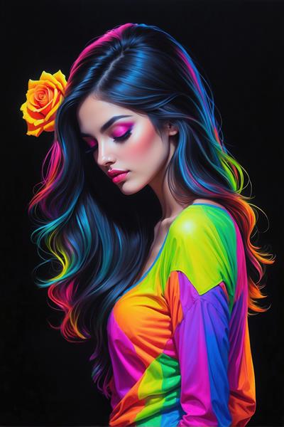 طرح گرافیکی نیم‌رخ زن با رز زرد و موهای هایلایت نئونی برای دکوراسیون آرایشگاه زنانه و تابلو بوم