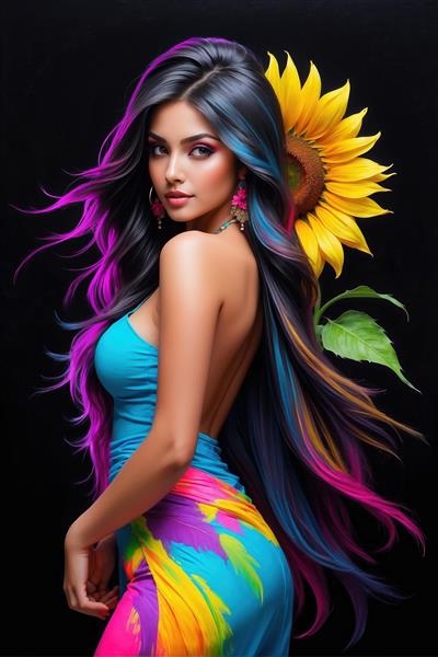 فیگور ایستاده زن با موهای تیره و گل آفتابگردان در پس‌زمینه ویژه چاپ پرده‌های تصویری و پوستر سه بعدی