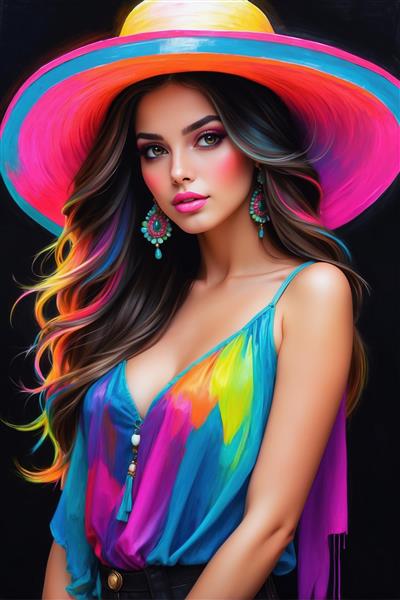 پرتره زن جذاب با کلاه آفتابی و استایل بوهو رنگی جهت تزئین دیوار رستوران‌های ساحلی و لابی ویلا