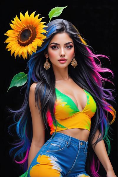 طرح شاد دختر با موهای چند رنگ و گل آفتابگردان بزرگ برای دیوارپوش مهدکودک و اتاق بازی کودکان