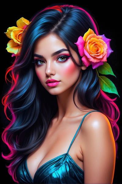 تصویر رویایی دختر با گل‌های رز زرد و صورتی لای موها ایده آل برای چاپ روتختی و پوستر دیواری نوزاد