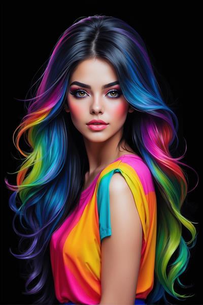 پرتره هنری دختر با موهای بلند رنگین‌کمانی خیره‌کننده مناسب دکوراسیون اتاق خواب مستر و تابلو دیواری