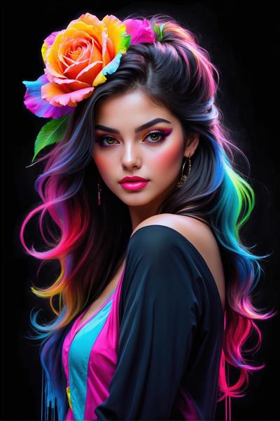 تصویر پرتره دختر با موهای رنگین‌کمانی و تاج گل رز برای چاپ پوستر دیواری اتاق دخترانه و مزون لباس