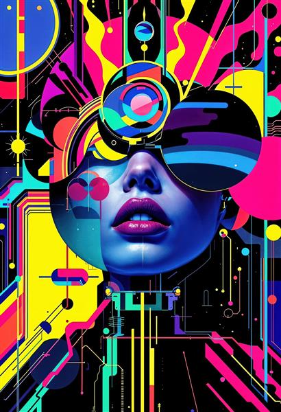 چهره انتزاعی زن با المان‌های هندسی و تکنولوژی برای پوستر دیواری مدرن کافی‌شاپ و محیط‌های استارتاپی
