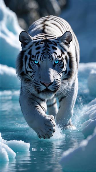 پوستر دیواری ببر سفید سیبری با چشم‌های آبی یخی در حال حرکت در برف مناسب لابی هتل و دکوراسیون سرد