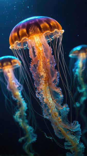 نمای عمق دریا با عروس دریایی درخشان نارنجی و آبی ویژه چاپ پوستر دیواری سه بعدی آکواریوم و استخر