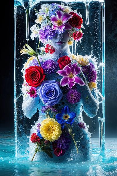 پوستر دیواری فانتزی پیکر زن پوشیده با گل های طبیعی در میان بلوک یخ برای دکوراسیون اتاق خواب و مراکز آب درمانی
