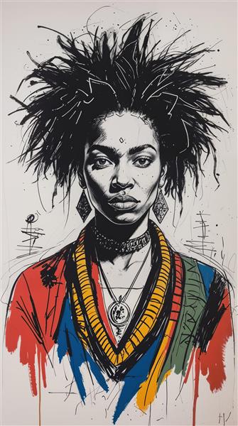 تصویر چهره زن با موهای پریشان و سبک هنری سیاه قلم برای چاپ روی تابلو دکوراتیو و کاغذ دیواری خاص