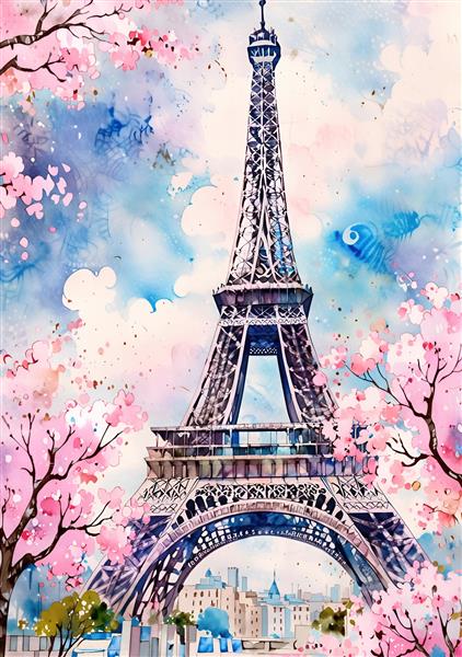پوستر دیواری آبرنگی برج ایفل پاریس و شکوفه های صورتی انتخابی شیک برای سالن پذیرایی و کافی شاپ های فانتزی