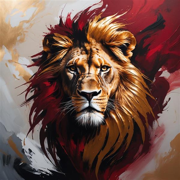 نقاشی مدرن و هنری چهره شیر با رنگ های طلایی و زرشکی برای پوستر دیواری لابی ساختمان های اداری و مسکونی
