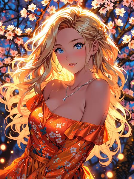 تصویر گرافیکی دختر خندان با پیراهن نارنجی گلدار مناسب چاپ پرده تصویری و پوستر دیواری اتاق نشیمن