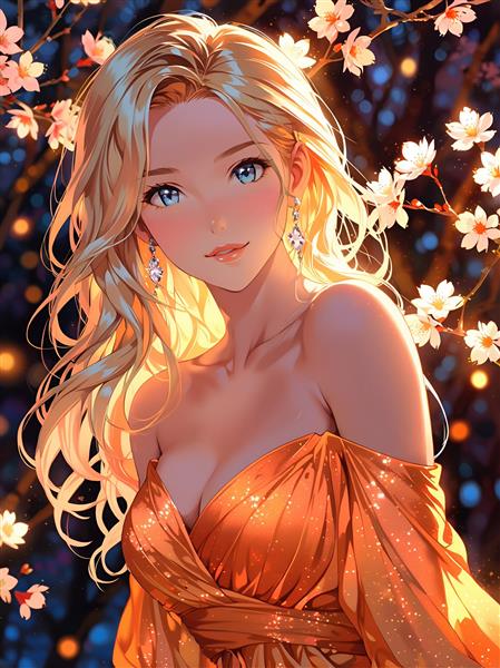 پوستر دیواری فانتزی دختر زیبا در میان شکوفه های بهاری ایده آل برای دکوراسیون اتاق خواب و مزون لباس