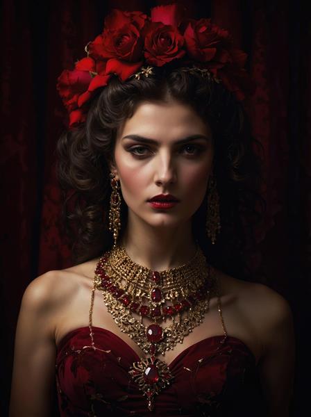 طرح چهره زن با تاج گل رز قرمز و گردنبند جواهر نشان برای چاپ روی تابلو شاسی و پوستر دیواری آرایشگاه های زنانه