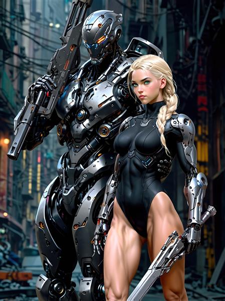 تصویر جنگجوی زن و ربات غول پیکر در شهر ویران شده برای پوستر دیواری اتاق نوجوان و گیم نت های مدرن