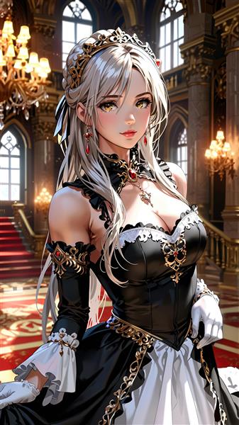 پوستر دیواری پرنسس در قصر باشکوه با لباس مجلسی سیاه و سفید لوکس ویژه دکور تالار پذیرایی و اتاق خواب مستر