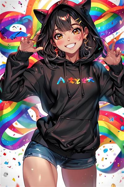 پوستر شاد انیمه دختر گربه ای با هودی مشکی و پس زمینه رنگین کمانی برای دکوراسیون اتاق دخترانه و مهدکودک