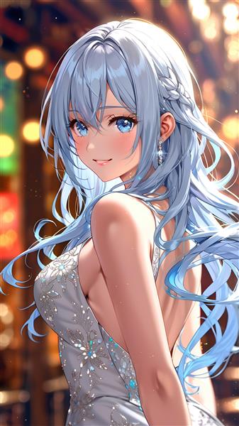 تصویر انیمه عروس با موهای آبی و لباس سفید توری مناسب برای تابلو دکوراتیو مزون های عروس و اتاق خواب