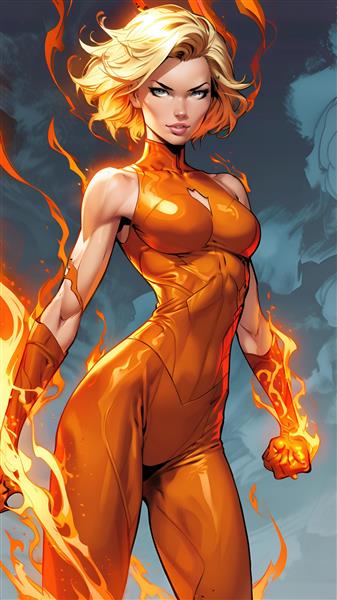 طرح ابرقهرمان زن با لباس آتشین و موهای بلوند برای پوستر دیواری مهیج باشگاه های ورزشی و گیم نت ها