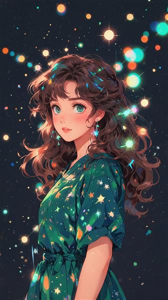 عکس گرافیکی دختر با موهای فر در میان ستاره های درخشان برای چاپ پوستر دیواری اتاق کودک و نوجوان و دفترچه خاطرات