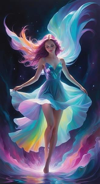 تصویر رویایی فرشته در حال رقص با لباس حریر رنگین کمانی مناسب پوستر دیواری سه بعدی اتاق خواب و سالن مدیتیشن