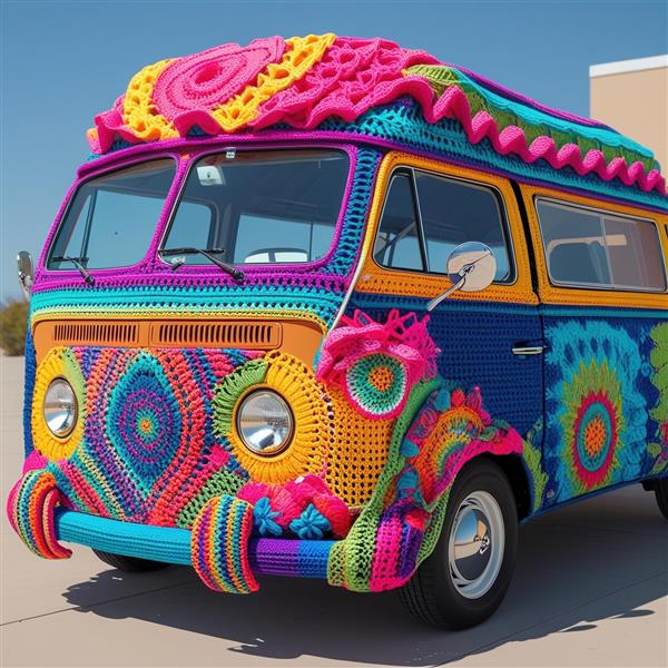 طرح فانتزی فولکس واگن با روکش بافتنی رنگارنگ مناسب برای چاپ روی بوم و تابلوهای دکوراتیو کافه و اتاق نوجوان