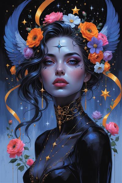 پوستر دیواری زن فرشته با تاج گل و بال های آبی تیره ایده آل برای دکوراسیون اتاق خواب و سالن های زیبایی لوکس
