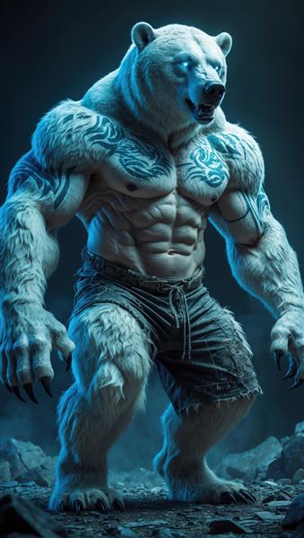 تصویر قدرتمند خرس قطبی انسان‌نما با عضلات ورزیده و تتو روی بازو ویژه پوستر دیواری باشگاه‌های بدنسازی و سالن‌های ورزشی