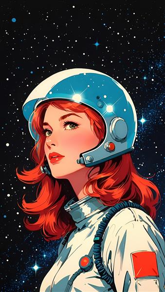 طرح نوستالژیک و رترو دختر فضانورد با موهای قرمز در میان ستارگان مناسب برای پوستر دیواری فانتزی و اتاق خواب جوانان