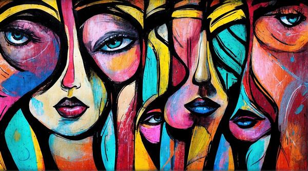تابلو نقاشی مدرن و انتزاعی با چهره‌های زنانه و رنگ‌های شاد و تند برای دکوراسیون دیواری مدرن، کافی‌شاپ و سالن‌های آرایش