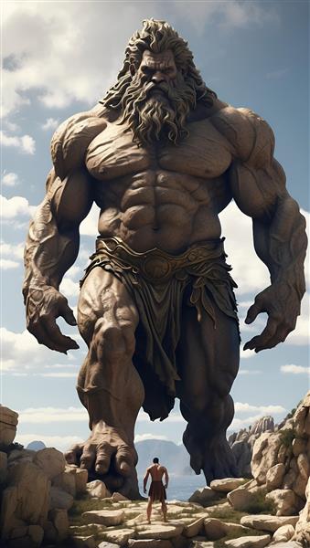 نقاشی دیجیتال غول سنگی عظیم الجثه در مقابل انسان کوچک با سبک اساطیری برای پوستر دیواری اتاق گیمینگ و کلاب‌های تفریحی