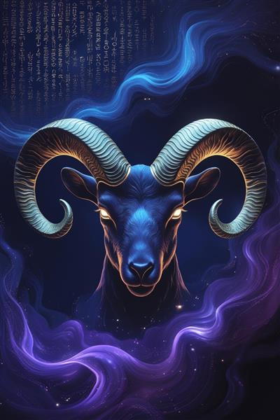 طرح گرافیکی قوچ با شاخ‌های طلایی در فضای انتزاعی و کهکشانی بنفش مناسب برای چاپ روی ماگ، دفترچه و پوستر دیواری مدرن