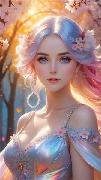 پرتره دختر فانتزی با موهای رنگین‌کمانی و لباس درخشان در میان شکوفه‌های بهاری ویژه پوستر دیواری اتاق کودک و دخترانه