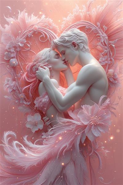 تصویر فانتزی و رمانتیک زوج عاشق در میان گل‌های صورتی با تم قلبی شکل مناسب برای چاپ روتختی، پرده و پوستر دیواری اتاق خواب عروس