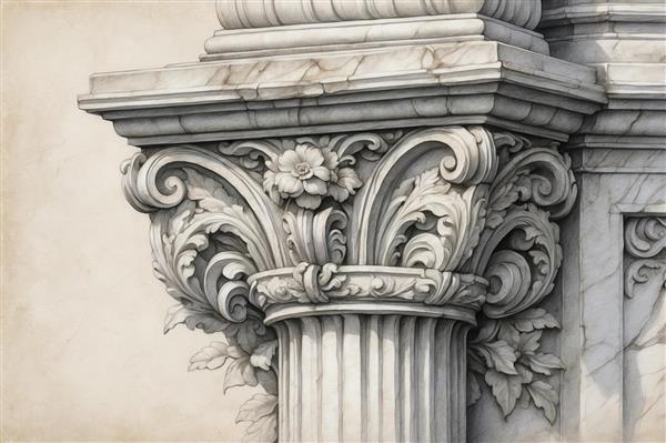 سرستون سنگی با نقوش گل و برگ اسلیمی کلاسیک ایده‌آل برای چاپ روی تابلوهای دکوراتیو و پوستر دیواری پشت تلویزیون در خانه‌های لوکس