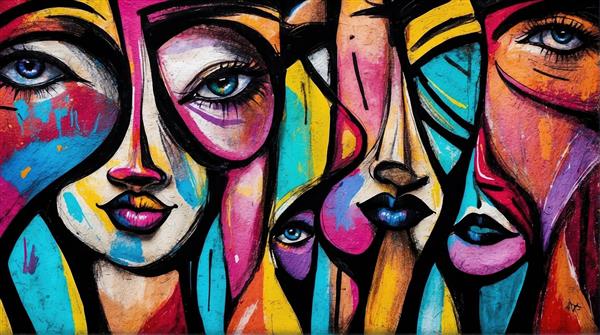 نقاشی کوبیسم چهره‌های مدرن با رنگ‌های تند و کنتراست بالا برای پوستر دیواری کافه، رستوران مدرن و گالری‌های هنری
