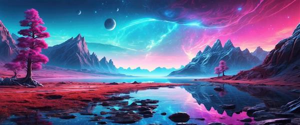 منظره فانتزی سیاره‌ای با کوهستان و دریاچه بنفش ویژه پوستر دیواری عریض سالن پذیرایی، تابلوی دکوراتیو ویلا و اتاق خواب نوجوان