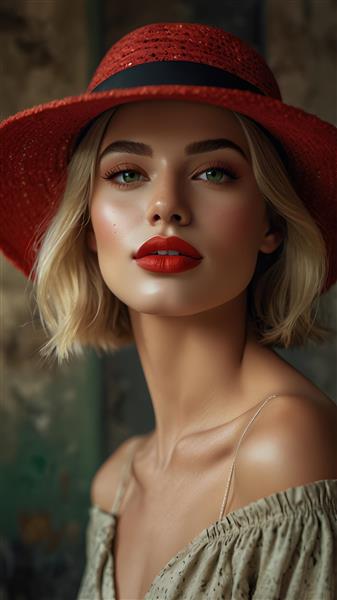 پرتره هنری زن زیبا با کلاه حصیری قرمز و استایل کلاسیک مناسب پوستر دیواری سالن‌های زیبایی، تابلوی دکوراتیو اتاق لباس و مزون