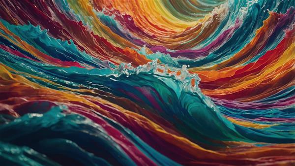 نقاشی انتزاعی امواج دریا با رنگ‌های گرم و زنده ویژه پوستر دیواری مدرن پذیرایی، تابلوی بوم عریض برای بالای کاناپه و دکوراسیون اداری