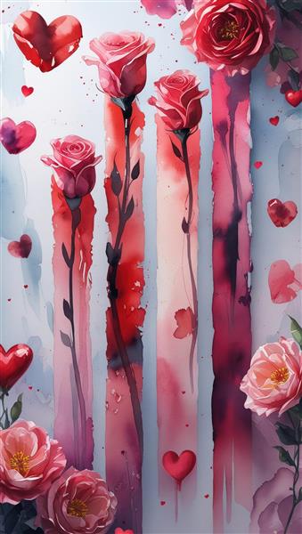 طرح آبرنگی گل رز قرمز و قلب‌های عاشقانه فانتزی مناسب پوستر دیواری اتاق خواب مستر، تابلوی دکوراتیو رمانتیک و چاپ روی روتختی و کوسن