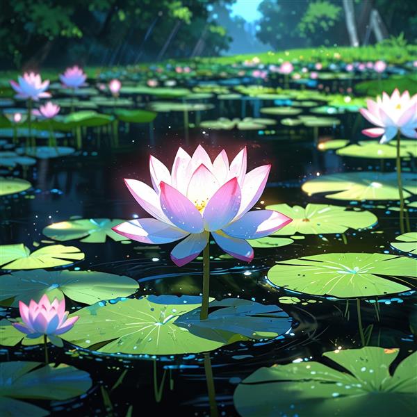 تصویر آرامش‌بخش برکه نیلوفر آبی با نورپردازی رویایی برای دیوار سالن ماساژ و یوگا