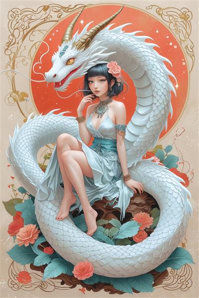 پوستر دیواری سبک انیمه طرح اژدهای سفید و دختر با لباس سنتی چینی برای دکوراسیون اتاق نوجوان