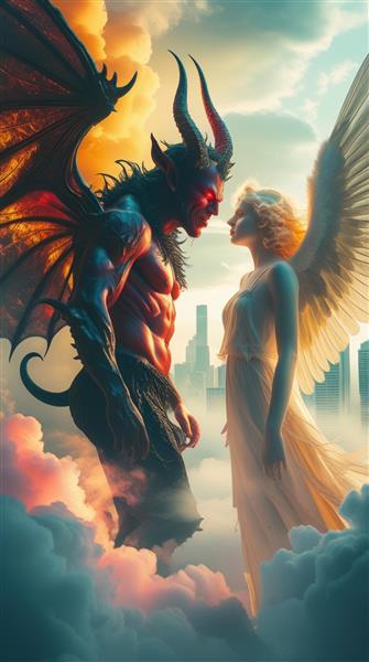 تابلو دکوراتیو فانتزی تقابل فرشته و شیطان در آسمان شهر برای اتاق گیمینگ و فضاهای خاص