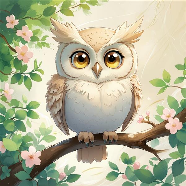 پوستر دیواری کودکانه طرح جغد مهربان در جنگل روی شاخه درخت برای اتاق خواب نوزاد و مهدکودک