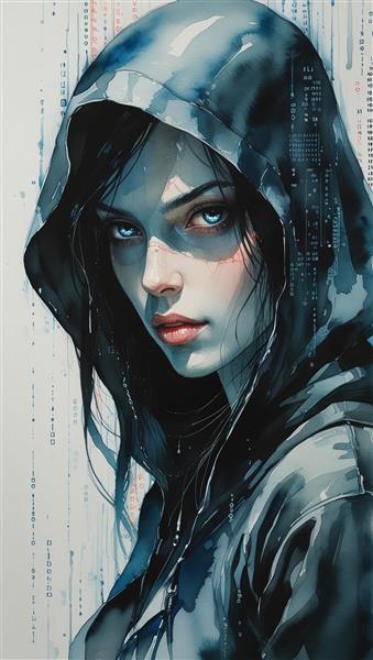 طرح آبرنگی چهره دختر مدرن با کلاه هودی مناسب برای پوستر دیواری اتاق جوانان و دفتر کار فانتزی