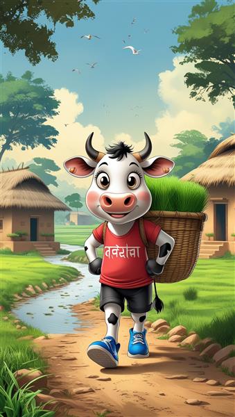 نقاشی کارتونی گاو مهربان در مسیر روستا با سبد علف مناسب برای پوستر دیواری اتاق کودک، مهدکودک و طراحی جلد کتاب های آموزشی کودکان