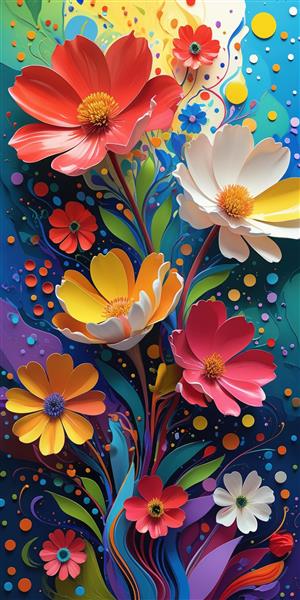 طرح عمودی گل های رنگارنگ بهاری با تم شاد مناسب برای پوستر دیواری پذیرایی، چاپ روی پرده پانچی و ست کردن با روتختی اتاق خواب