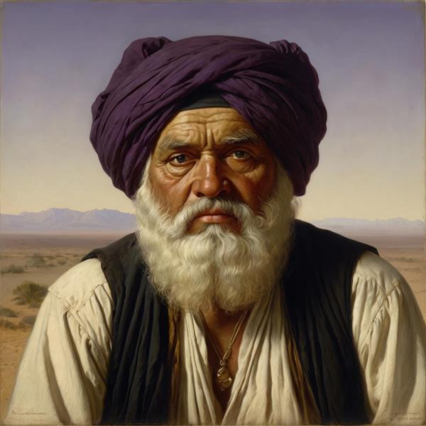 تصویر پیرمرد عشایر با دستار بنفش و چهره آفتاب سوخته ویژه دکوراسیون های سنتی ایرانی، سفره خانه ها و چاپ روی فرش و تابلو بوم