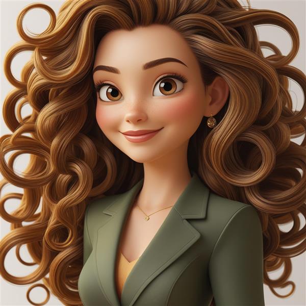 کاراکتر انیمیشنی زن با موهای فر قهوه ای و کت سبز مناسب برای چاپ کتاب داستان، دفترچه و پوستر دیواری اتاق نوجوان و محیط های آموزشی