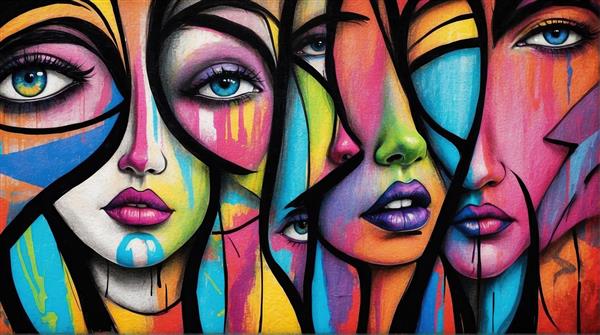 پوستر دیواری مدرن طرح چهره های رنگارنگ پاپ آرت با خطوط هندسی ایده آل برای دکوراسیون کافه، آتلیه های هنری و دیوارهای شاخص پذیرایی