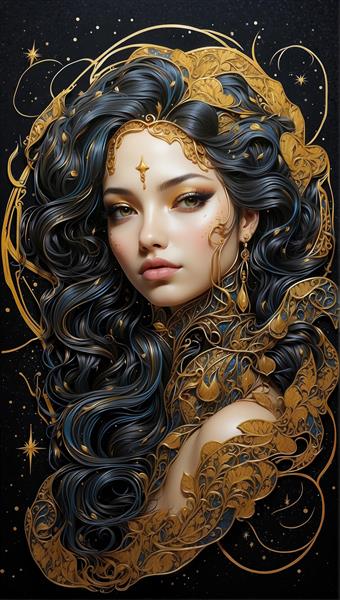 تصویر سازی فانتزی چهره زن با تزیینات طلایی اسلیمی و موهای حالت دار مشکی برای پوستر دیواری پشت تخت خواب و قاب های دکوراتیو عمودی تالارها